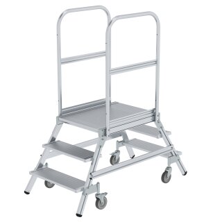 Platform stairs, with double-sided access, with spring-loaded castors, grooved aluminium