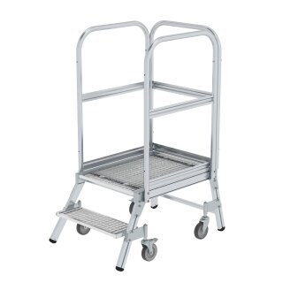 Platform stairs, with single-sided access, with spring-loaded castors, steel grating