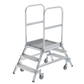 Platform stairs, with double-sided access, with spring-loaded castors, steel grating