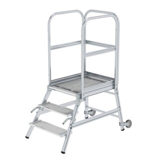Platform stairs, with single-sided access, with castors and handles, steel grating
