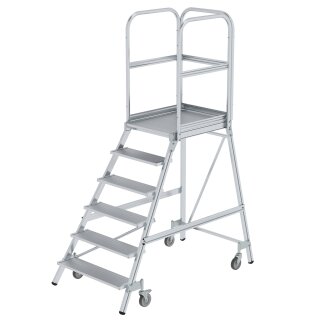 Platform stairs, with single-sided access, with spring-loaded castors, grooved aluminium 6 steps