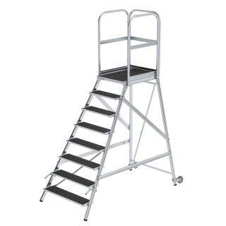 Platform stairs, with single-sided access, with castors and handles, corundum coating. R13 8 steps