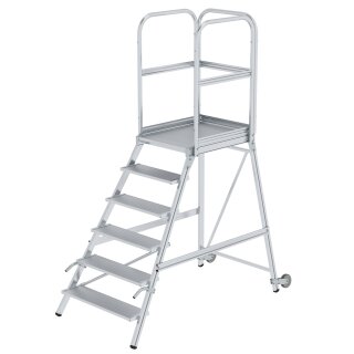 Platform stairs, with single-sided access, with castors and handles, grooved aluminium 6 steps