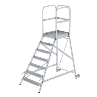 Platform stairs, with single-sided access, with castors and handles, grooved aluminium 7 steps