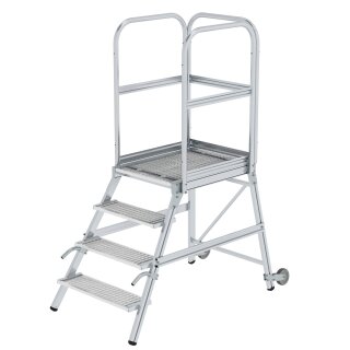 Platform stairs, with single-sided access, with castors and handles, steel grating 4 steps