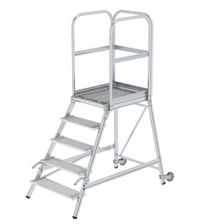 Platform stairs, with single-sided access, with castors and handles, steel grating 5 steps