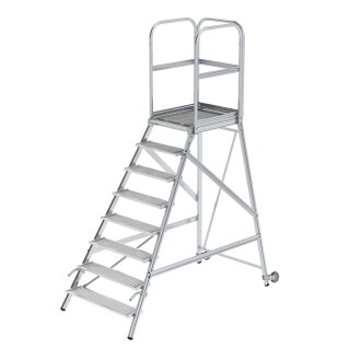 Platform stairs, with single-sided access, with castors and handles, steel grating 8 steps