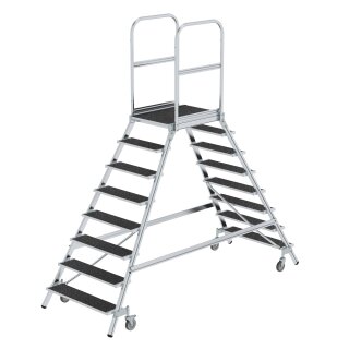 Platform stairs, with double-sided access, with spring-loaded castor corundum coating R13 8 steps